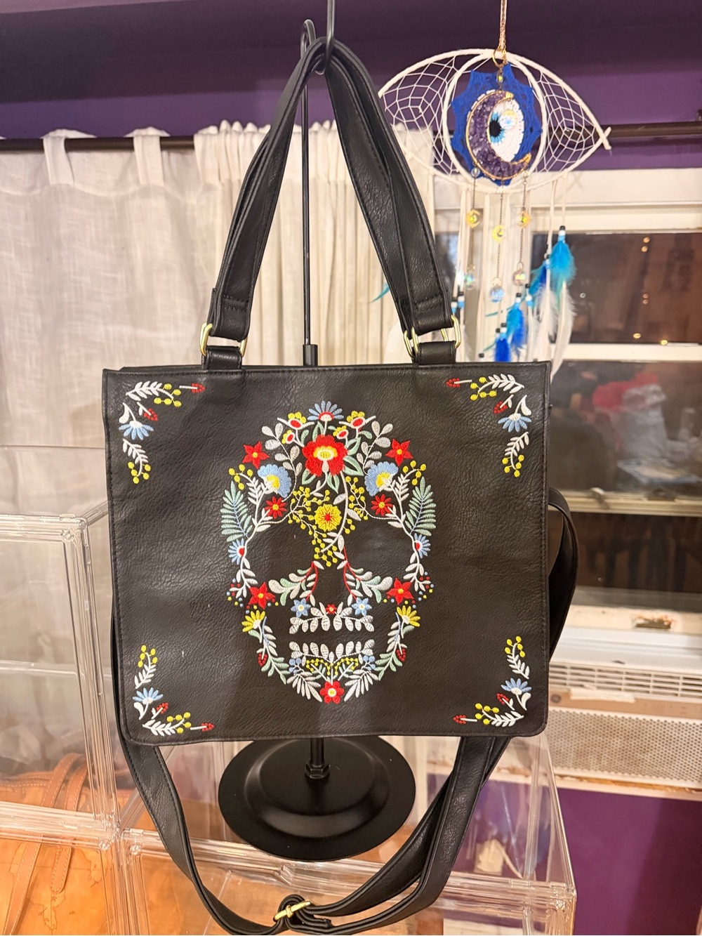 Black Floral Skull Embroidered Tote Bag